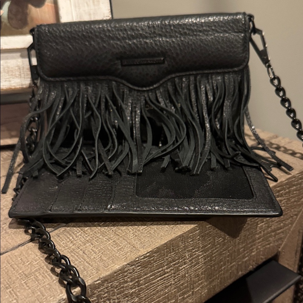 Fringed Black Leather Crossbody Bag